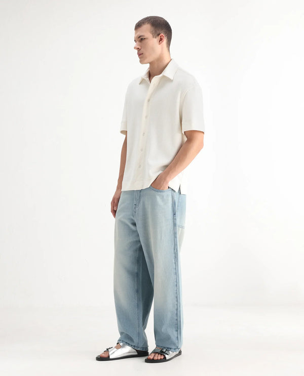 Rare Rabbit Men's Niretor-2 Light Blue Cotton Fabric Mid Rise Ice Wash Baggy Fit With Attached Belt Jeans