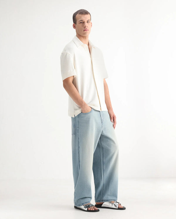 Rare Rabbit Men's Niretor-2 Light Blue Cotton Fabric Mid Rise Ice Wash Baggy Fit With Attached Belt Jeans