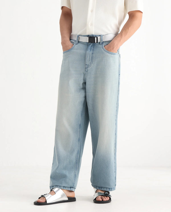 Rare Rabbit Men's Niretor-2 Light Blue Cotton Fabric Mid Rise Ice Wash Baggy Fit With Attached Belt Jeans