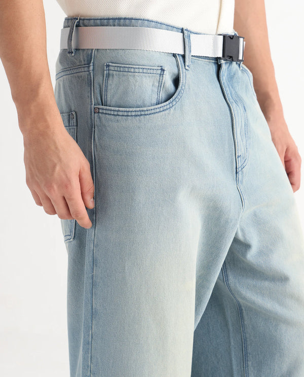 Rare Rabbit Men's Niretor-2 Light Blue Cotton Fabric Mid Rise Ice Wash Baggy Fit With Attached Belt Jeans