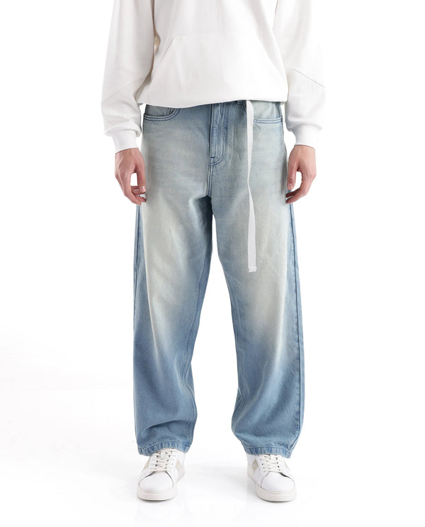 Rare Rabbit Men's Niretor-2 Light Blue Cotton Fabric Mid Rise Ice Wash Baggy Fit With Attached Belt Jeans