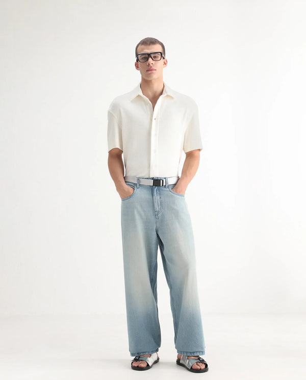 Rare Rabbit Men's Niretor-2 Light Blue Cotton Fabric Mid Rise Ice Wash Baggy Fit With Attached Belt Jeans