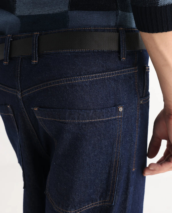 Rare Rabbit Men's Niretor Dark Blue Cotton Fabric Mid Rise Dark Wash Baggy Fit With Attached Belt Jeans