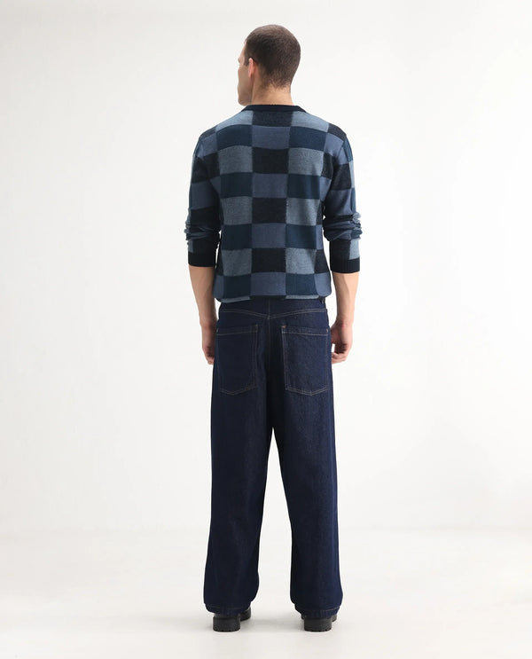 Rare Rabbit Men's Niretor Dark Blue Cotton Fabric Mid Rise Dark Wash Baggy Fit With Attached Belt Jeans