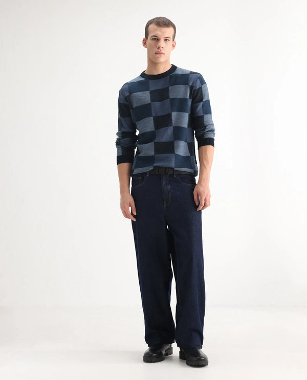 Rare Rabbit Men's Niretor Dark Blue Cotton Fabric Mid Rise Dark Wash Baggy Fit With Attached Belt Jeans