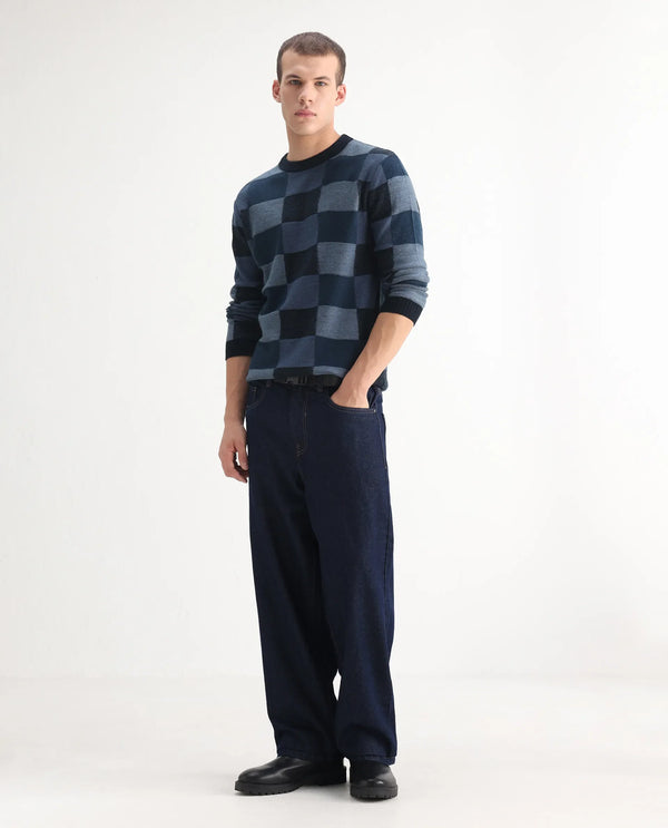 Rare Rabbit Men's Niretor Dark Blue Cotton Fabric Mid Rise Dark Wash Baggy Fit With Attached Belt Jeans