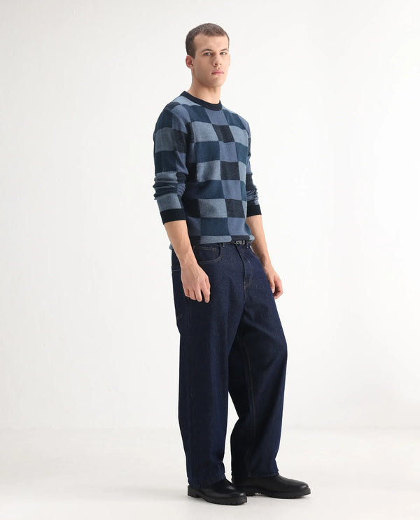 Rare Rabbit Men's Niretor Dark Blue Cotton Fabric Mid Rise Dark Wash Baggy Fit With Attached Belt Jeans
