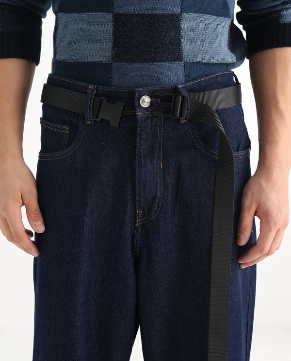 Rare Rabbit Men's Niretor Dark Blue Cotton Fabric Mid Rise Dark Wash Baggy Fit With Attached Belt Jeans