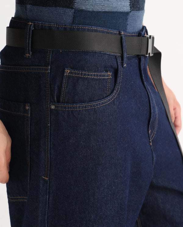 Rare Rabbit Men's Niretor Dark Blue Cotton Fabric Mid Rise Dark Wash Baggy Fit With Attached Belt Jeans
