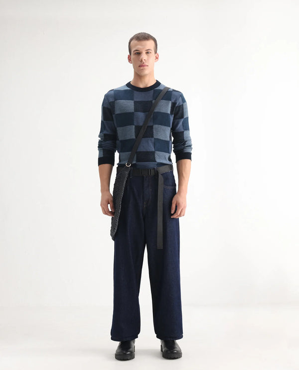 Rare Rabbit Men's Niretor Dark Blue Cotton Fabric Mid Rise Dark Wash Baggy Fit With Attached Belt Jeans