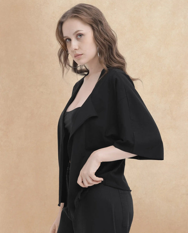 Rareism Women Nirv Black Cotton Fabric Short Sleeves Relaxed Fit Plain Shrug