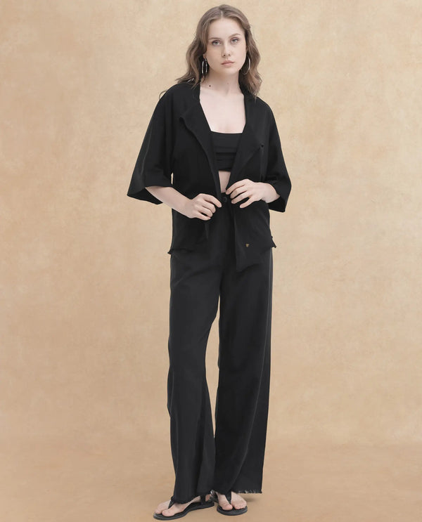Rareism Women Nirv Black Cotton Fabric Short Sleeves Relaxed Fit Plain Shrug
