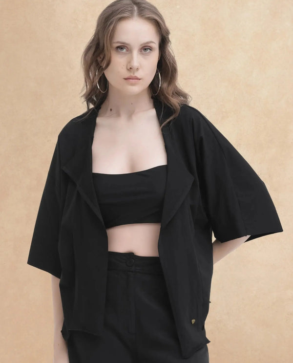 Rareism Women Nirv Black Cotton Fabric Short Sleeves Relaxed Fit Plain Shrug