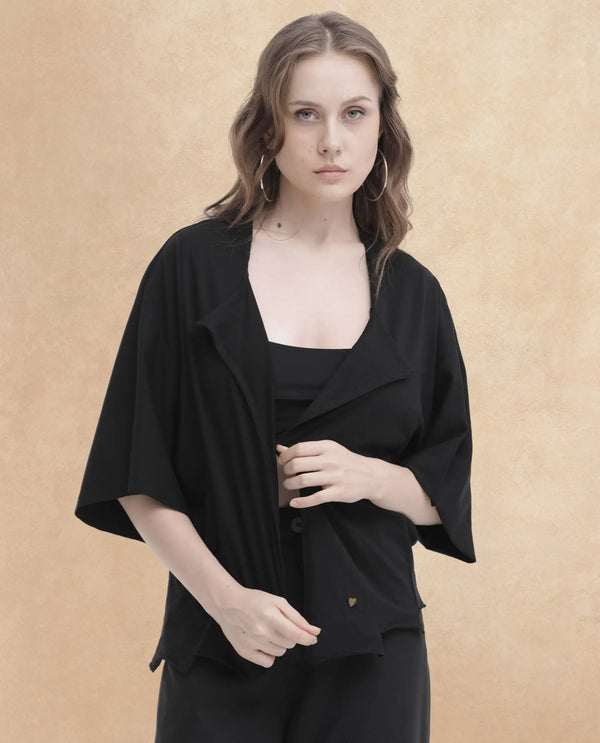 Rareism Women Nirv Black Cotton Fabric Short Sleeves Relaxed Fit Plain Shrug