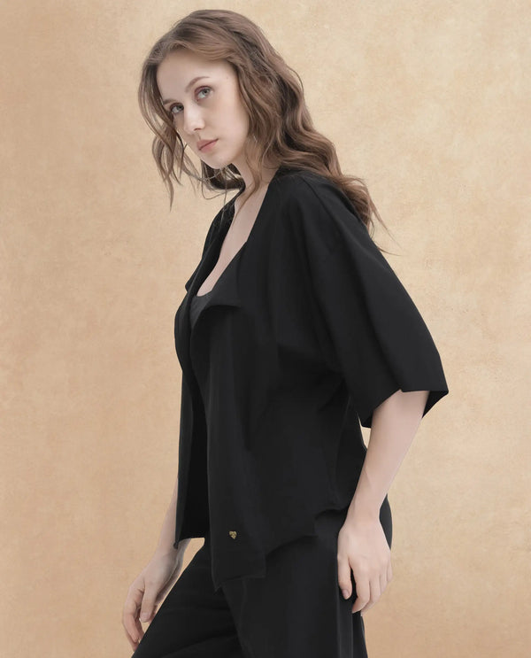 Rareism Women Nirv Black Cotton Fabric Short Sleeves Relaxed Fit Plain Shrug