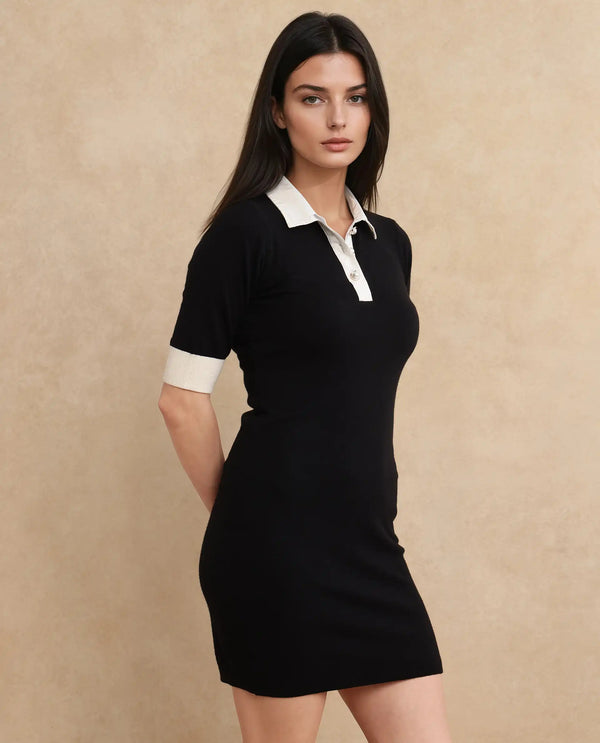 Rareism Women Nitu Black Viscose Nylon Fabric Short Sleeve Collared Neck Button Closure Bodycon Knee Length Plain Dress