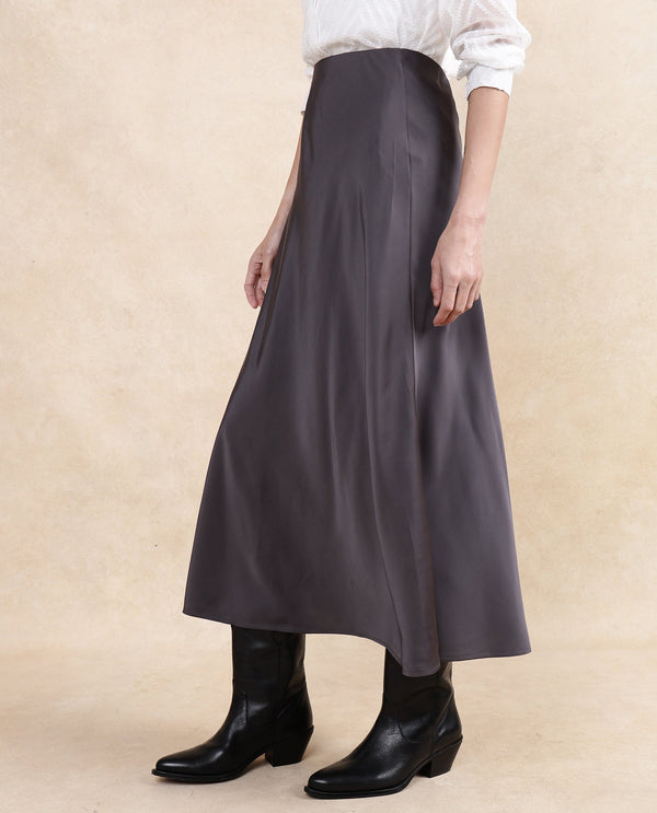 Rareism Women Niyano Grey Satin Ankle Length Plain Skirt