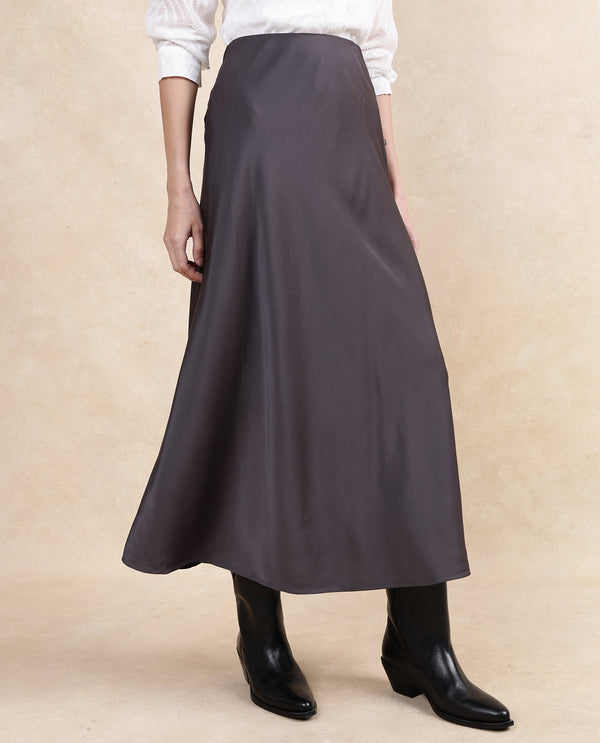 Rareism Women Niyano Grey Satin Ankle Length Plain Skirt
