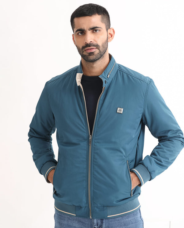 Rare Rabbit Men's Royban Beige Classic Mandarin Collar Bomber Jacket