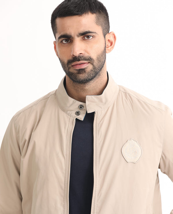 Rare Rabbit Men's Royban Beige Classic Mandarin Collar Bomber Jacket