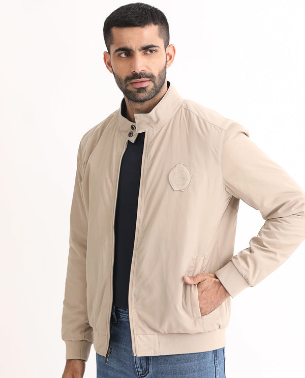 Rare Rabbit Men's Royban Beige Classic Mandarin Collar Bomber Jacket
