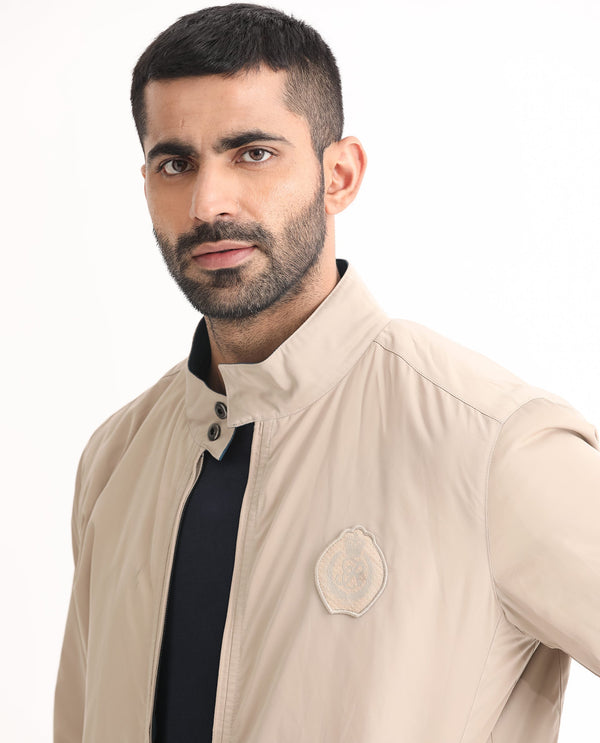 Rare Rabbit Men's Royban Beige Classic Mandarin Collar Bomber Jacket