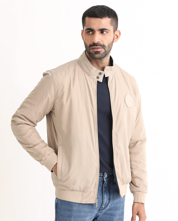Rare Rabbit Men's Royban Beige Classic Mandarin Collar Bomber Jacket