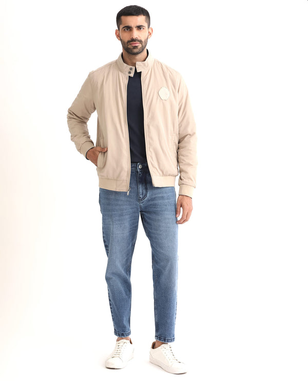 Rare Rabbit Men's Royban Beige Classic Mandarin Collar Bomber Jacket