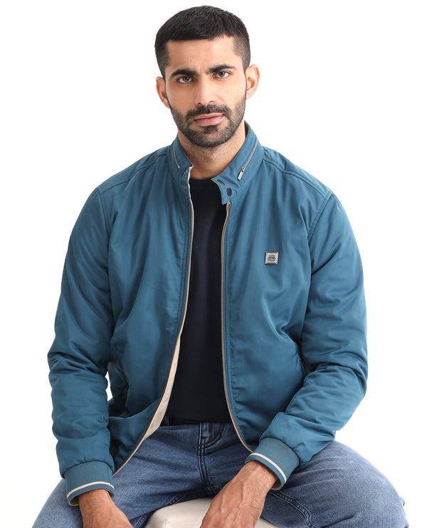 Rare Rabbit Men's Royban Beige Classic Mandarin Collar Bomber Jacket