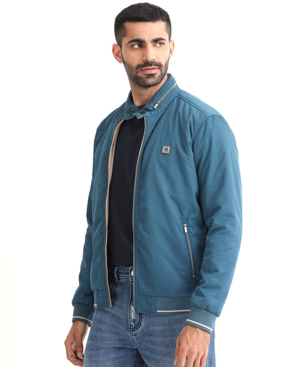 Rare Rabbit Men's Royban Beige Classic Mandarin Collar Bomber Jacket