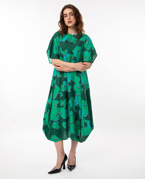 Rareism Women Kanda Green Poly Viscose Fabric Short Sleeves Button Closure Round Neck Bell Sleeve Regular Fit Abstract Print Midi Asymmetric Dress
