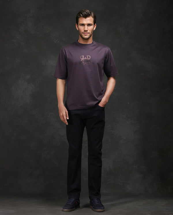Rare Rabbit Men Noah Dark Purple Cotton Fabric Short Sleeve Crew Neck Barcelone Fit Printed T-Shirt