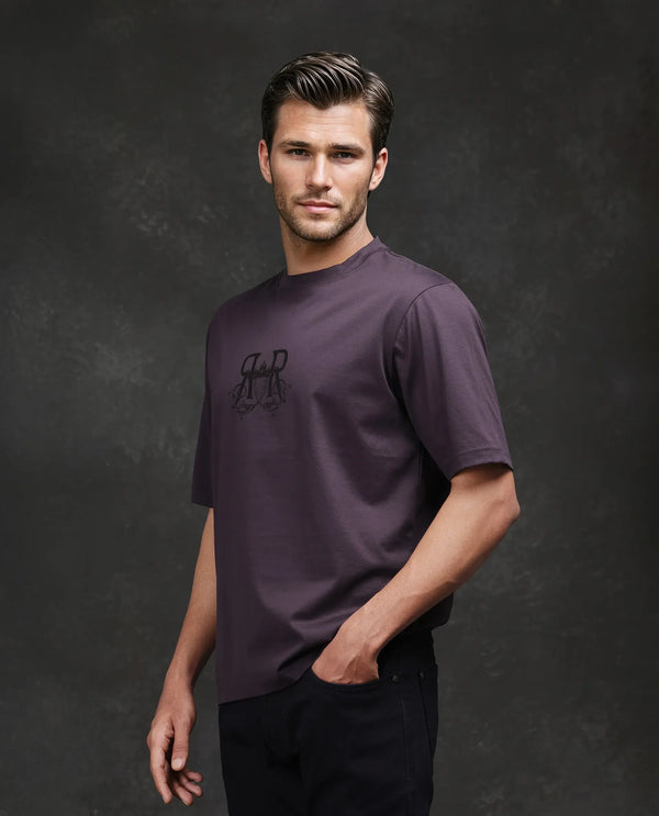 Rare Rabbit Men Noah Dark Purple Cotton Fabric Short Sleeve Crew Neck Barcelone Fit Printed T-Shirt