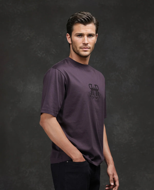 Rare Rabbit Men Noah Dark Purple Cotton Fabric Short Sleeve Crew Neck Barcelone Fit Printed T-Shirt