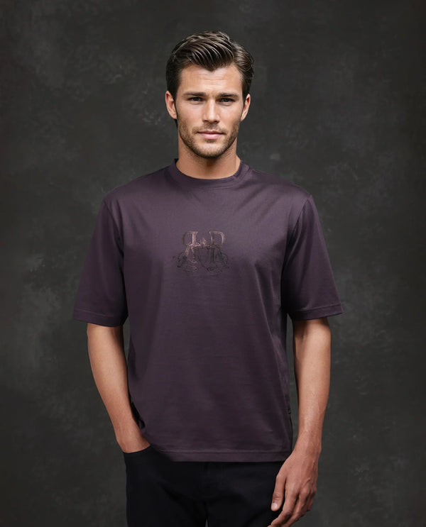 Rare Rabbit Men Noah Dark Purple Cotton Fabric Short Sleeve Crew Neck Barcelone Fit Printed T-Shirt