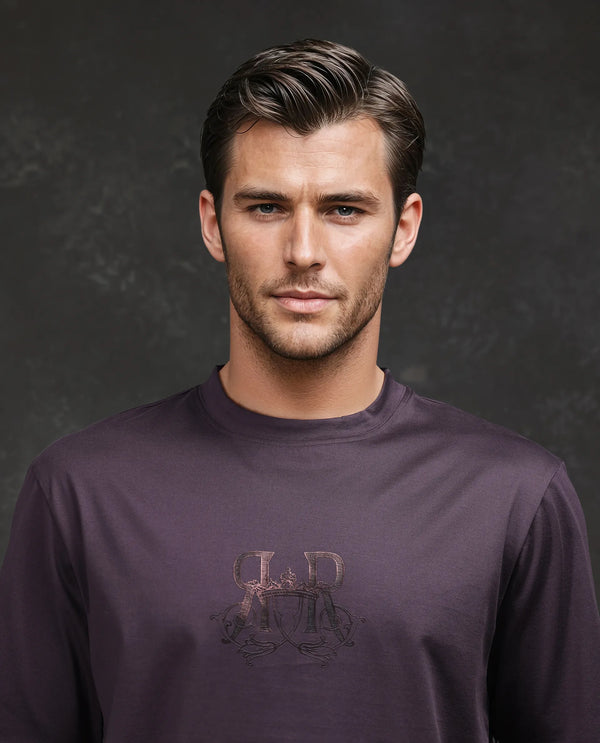 Rare Rabbit Men Noah Dark Purple Cotton Fabric Short Sleeve Crew Neck Barcelone Fit Printed T-Shirt