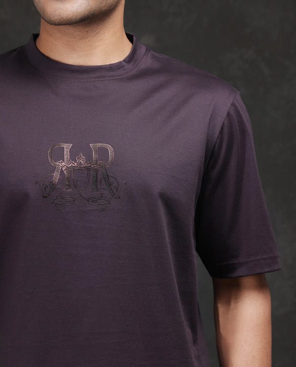 Rare Rabbit Men Noah Dark Purple Cotton Fabric Short Sleeve Crew Neck Barcelone Fit Printed T-Shirt