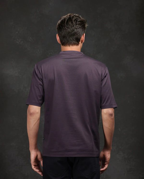 Rare Rabbit Men Noah Dark Purple Cotton Fabric Short Sleeve Crew Neck Barcelone Fit Printed T-Shirt