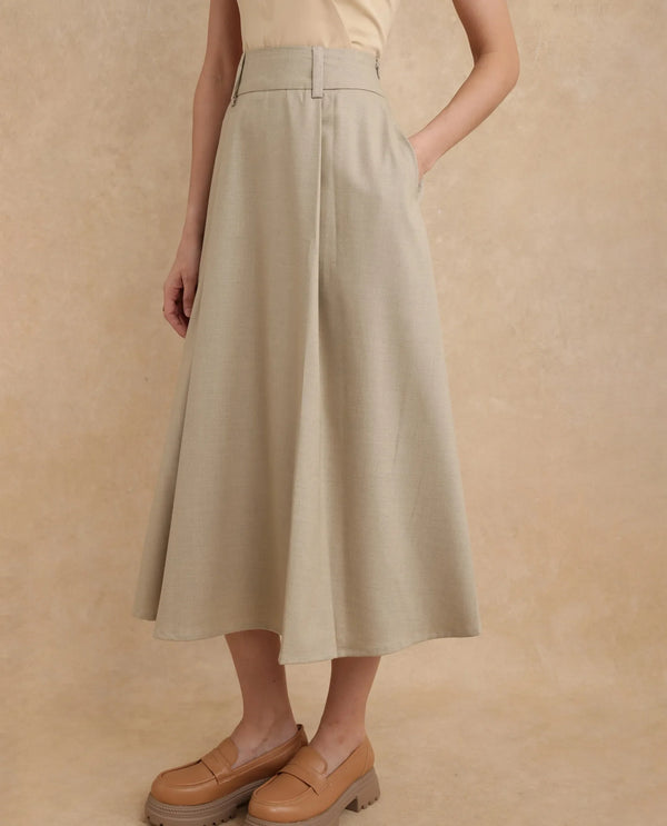 Rareism Women Noblopa Beige Poly Viscose Fabric Zipper Closure A-Line Midi Plain Skirt