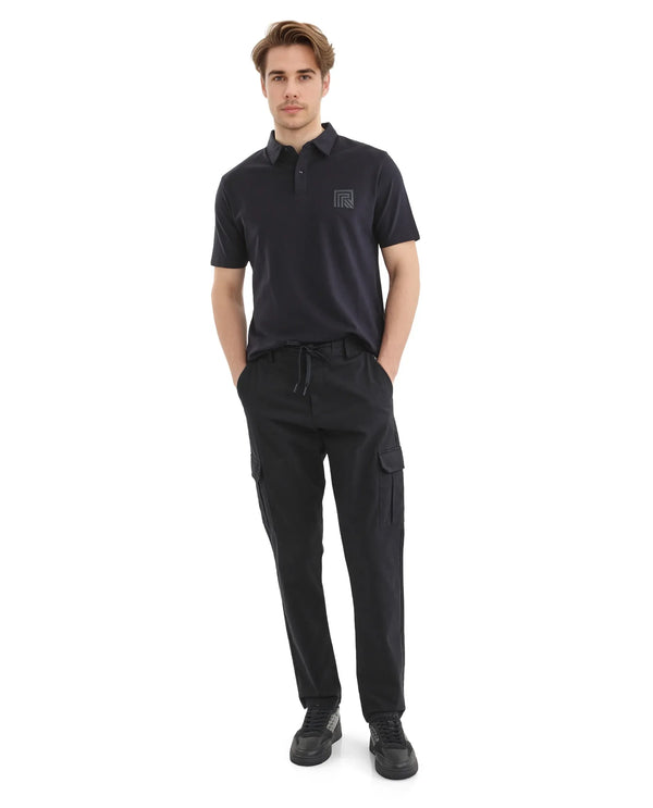 Rare Rabbit Men Nobon Navy Cotton Fabric Signature Monogram Print Regular Fit Cargo Style Trouser