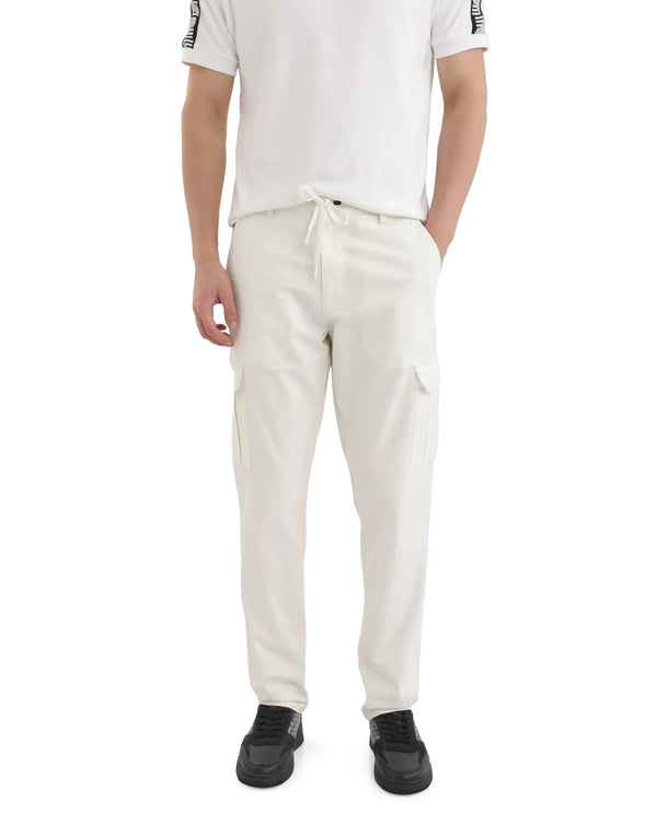 Rare Rabbit Men Nobon White Cotton Fabric Signature Monogram Print Regular Fit Cargo Style Trouser