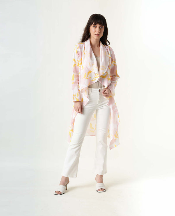 Rareism Women Noki Pink  Regular Fit Knee Length Floral Print Collarless Outer Wear