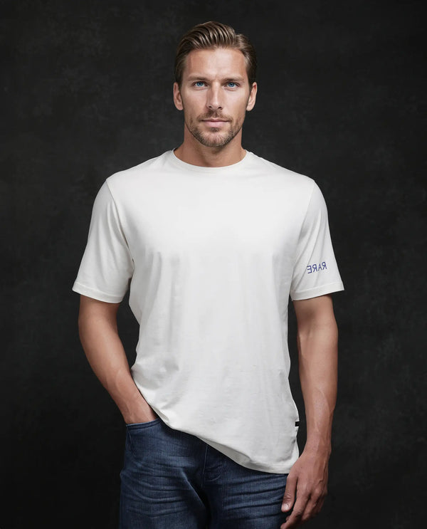 Rare Rabbit Men Nomo Beige Cotton Blend Fabric Short Sleeve Crew Neck Monogram Backprint T-Shirt