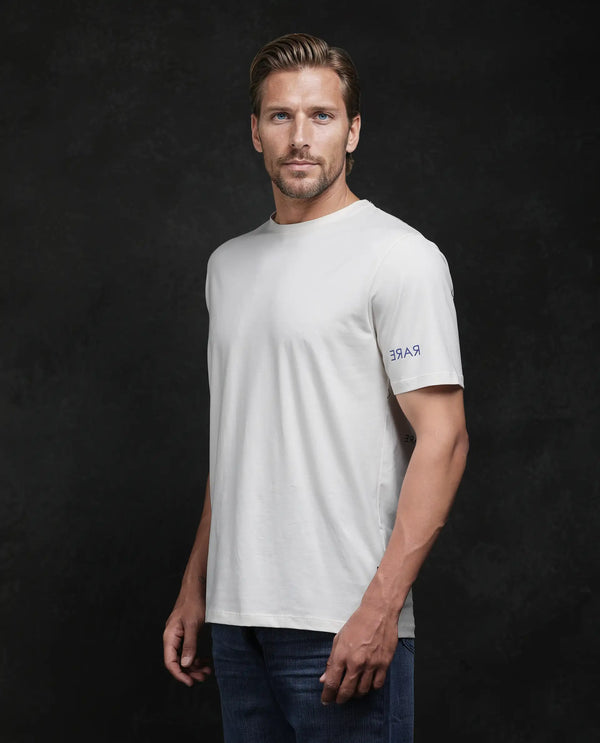 Rare Rabbit Men Nomo Beige Cotton Blend Fabric Short Sleeve Crew Neck Monogram Backprint T-Shirt