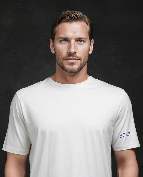 Rare Rabbit Men Nomo Beige Cotton Blend Fabric Short Sleeve Crew Neck Monogram Backprint T-Shirt
