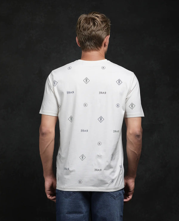 Rare Rabbit Men Nomo Beige Cotton Blend Fabric Short Sleeve Crew Neck Monogram Backprint T-Shirt