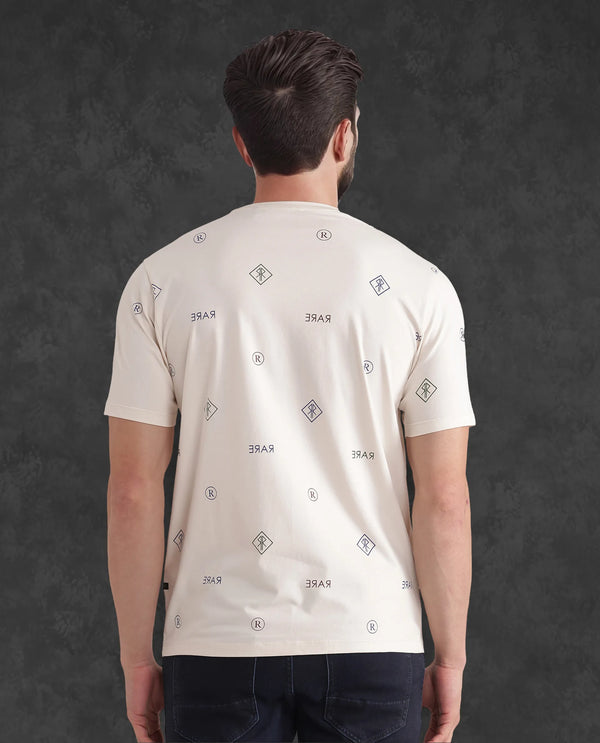 Rare Rabbit Men Nomo Beige Cotton Blend Fabric Short Sleeve Crew Neck Monogram Backprint T-Shirt