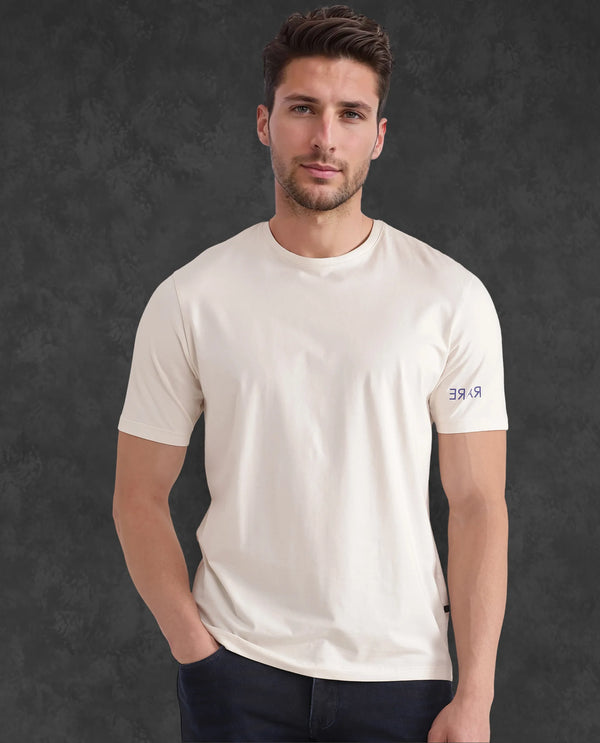 Rare Rabbit Men Nomo Beige Cotton Blend Fabric Short Sleeve Crew Neck Monogram Backprint T-Shirt