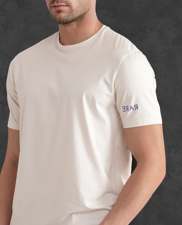 Rare Rabbit Men Nomo Beige Cotton Blend Fabric Short Sleeve Crew Neck Monogram Backprint T-Shirt