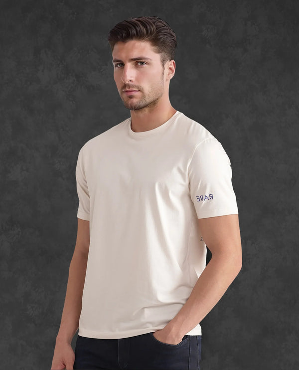 Rare Rabbit Men Nomo Beige Cotton Blend Fabric Short Sleeve Crew Neck Monogram Backprint T-Shirt